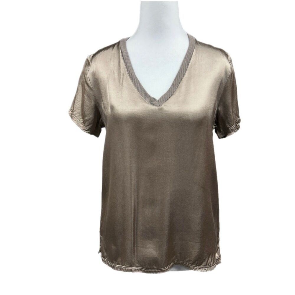 Nation June Satin V Neck Blouse Sz XS Mushroom